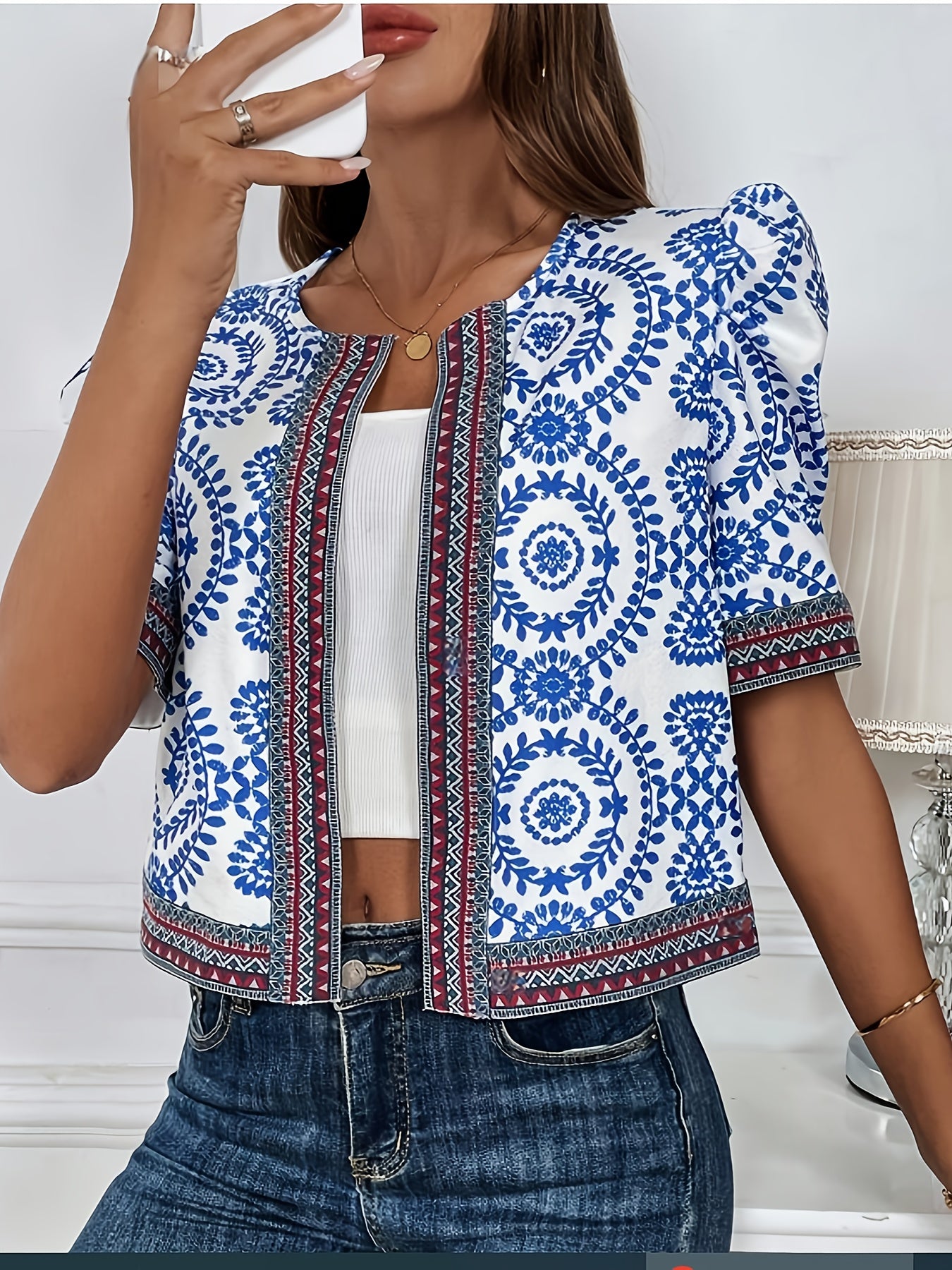 Sevdalina | Vrouwen Vintage Blouse met Geometrische Print - Blauw Wit Mandala Patroon
