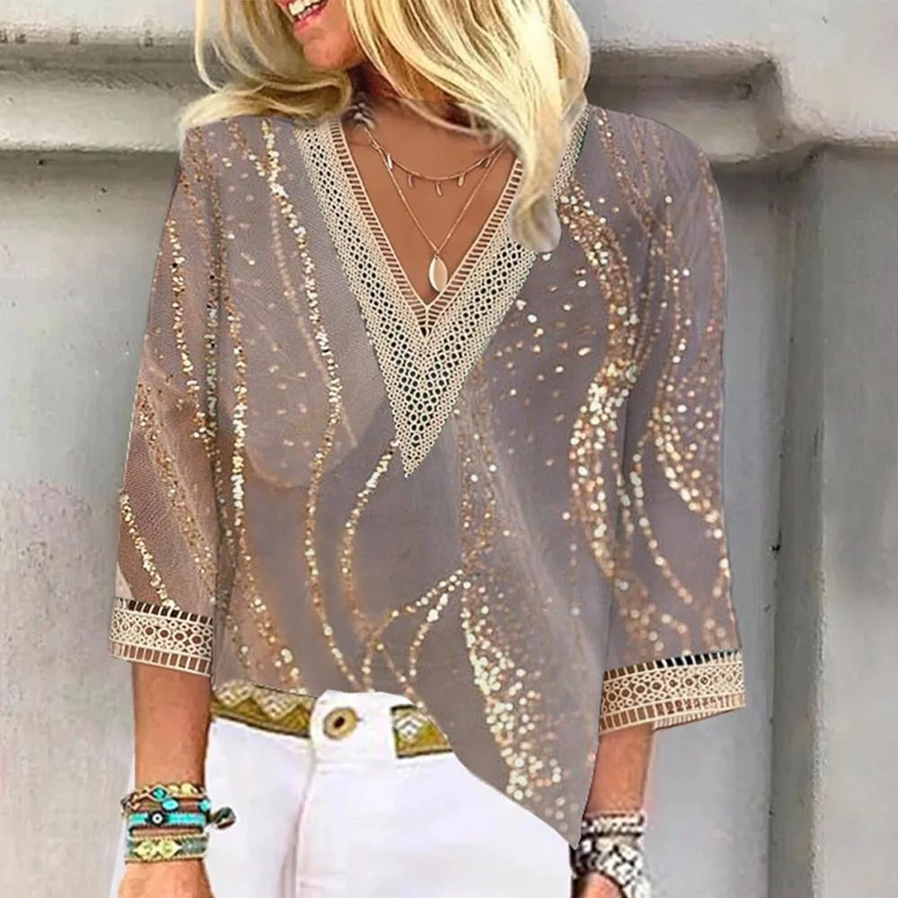 Cyrilla | Elegante blouse met print - Lichtgewicht damestop met V-hals en ¾ mouwen, stijlvol shirt