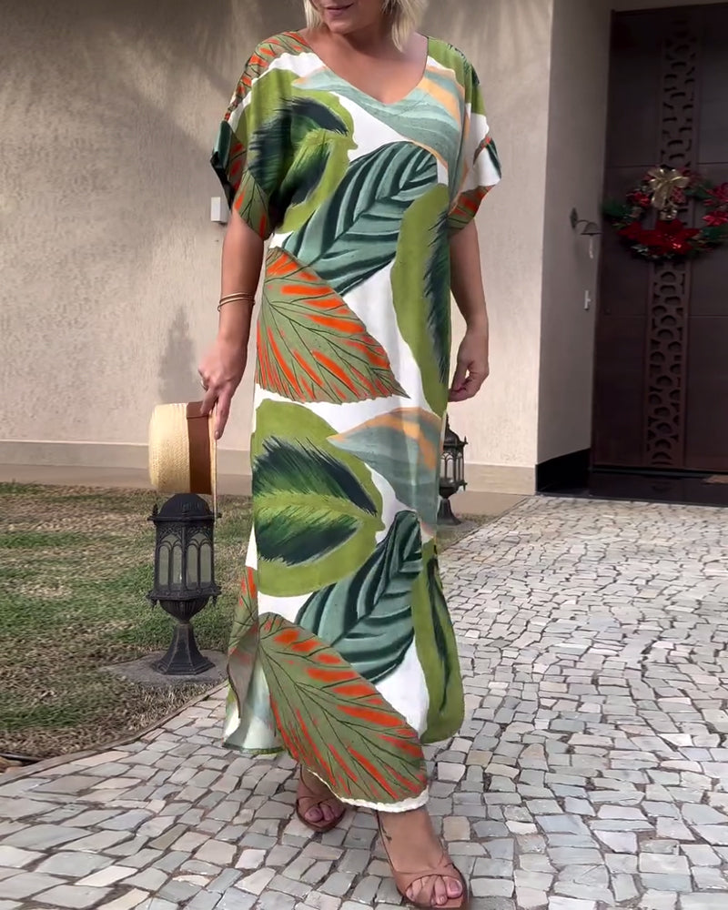 Ursa | Maxi jurk met botanische print - Casual korte mouwen, lichtgewicht zomerjurk