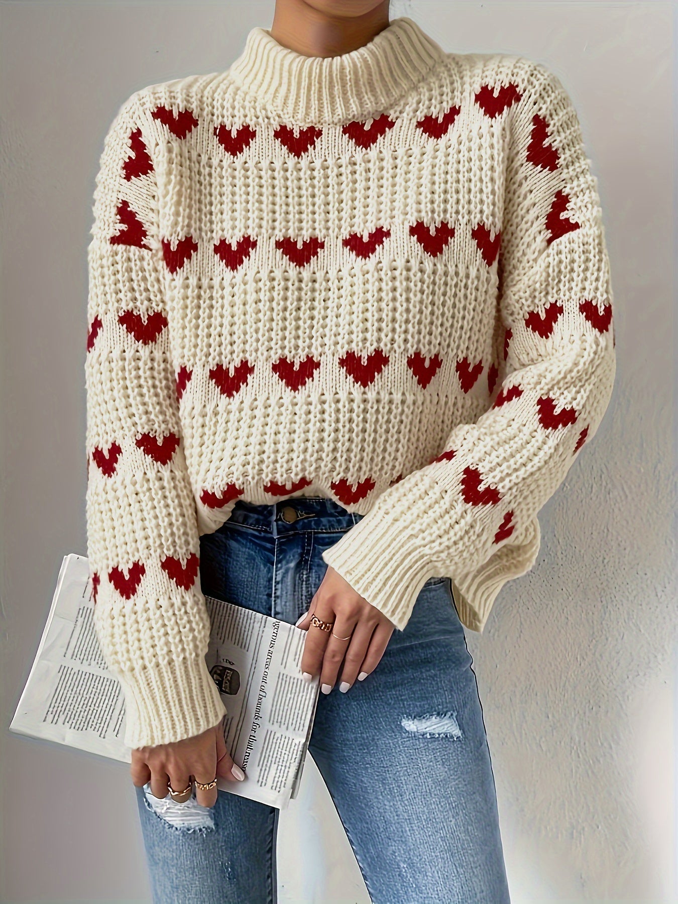 Irindra | Gebreide trui met hartpatroon - Hoge hals, Pullover met lange mouwen voor herfst-winter casual kleding