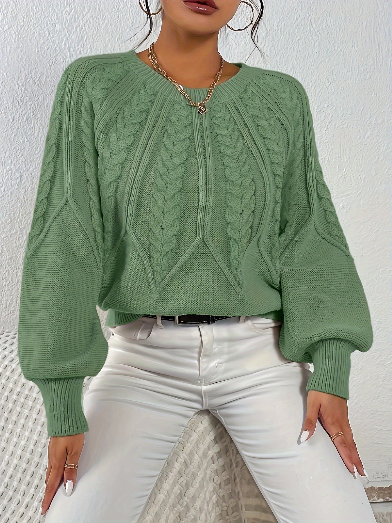 Kalyth | Dames Kabelgebreide Trui met Lantaarnmouwen – Elegante Gebreide Top voor Herfst en Winter