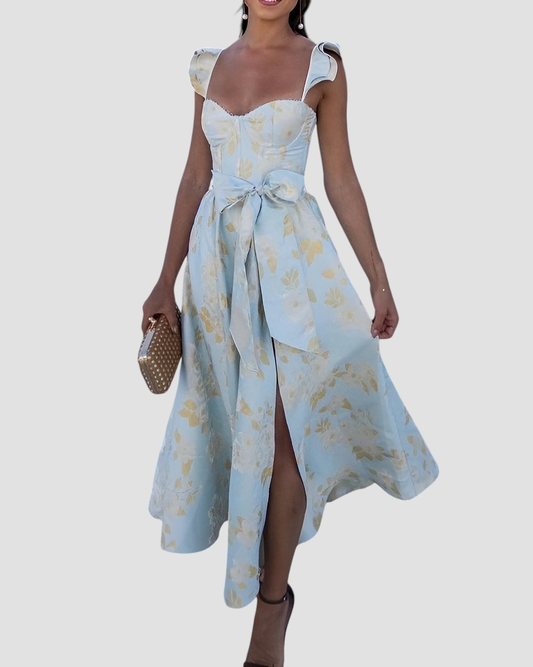 Saela | Elegante Mouwloze Zomerjurk voor Vrouwen - Ruches, Strik Taille, Bloemige Midi Jurk