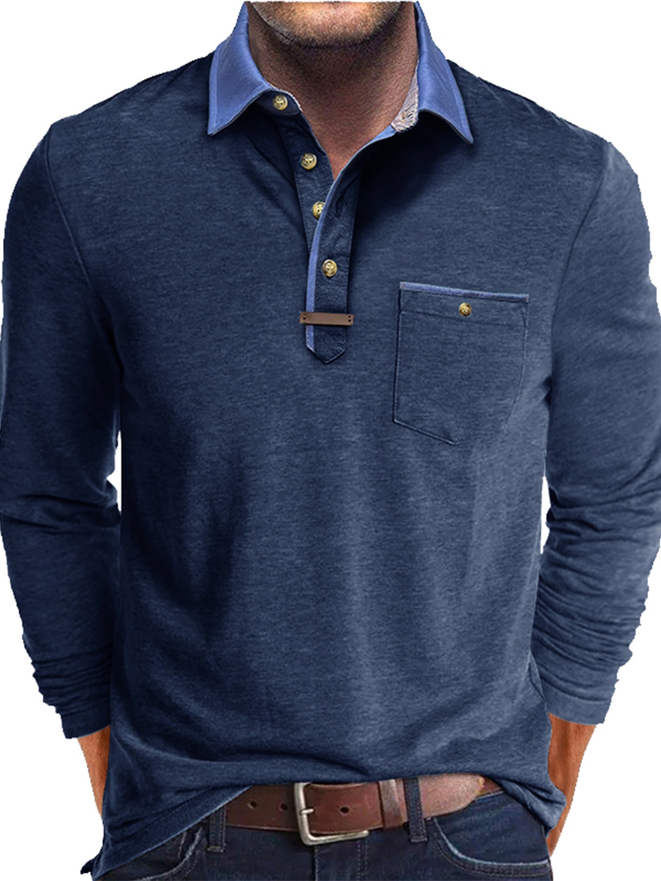 Paulo | Herenpolo met lange mouwen – Casual Henley met kleurblok kraag en borstzak