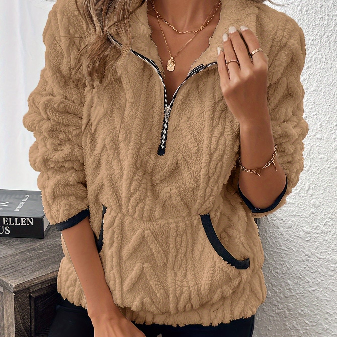 Evodia | Dames sweatshirt met pluizige stof, pullover met halve ritssluiting, casual comfortabele top met lange mouwen