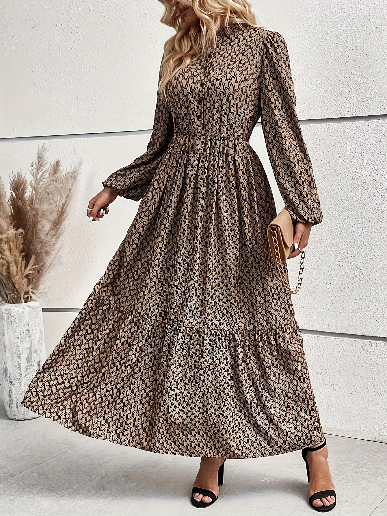 Neroli | Elegante Maxi jurk met ronde hals - lange lantaarnmouwen, A-lijn, knoopdetail