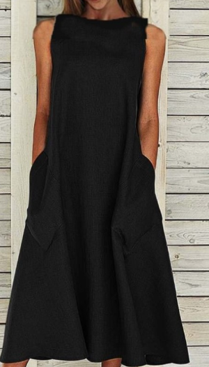 Vionna | Elegante Mouwloze Katoenen Midi Jurk met Zakken - A-Line Fit, Casual Zomerjurk