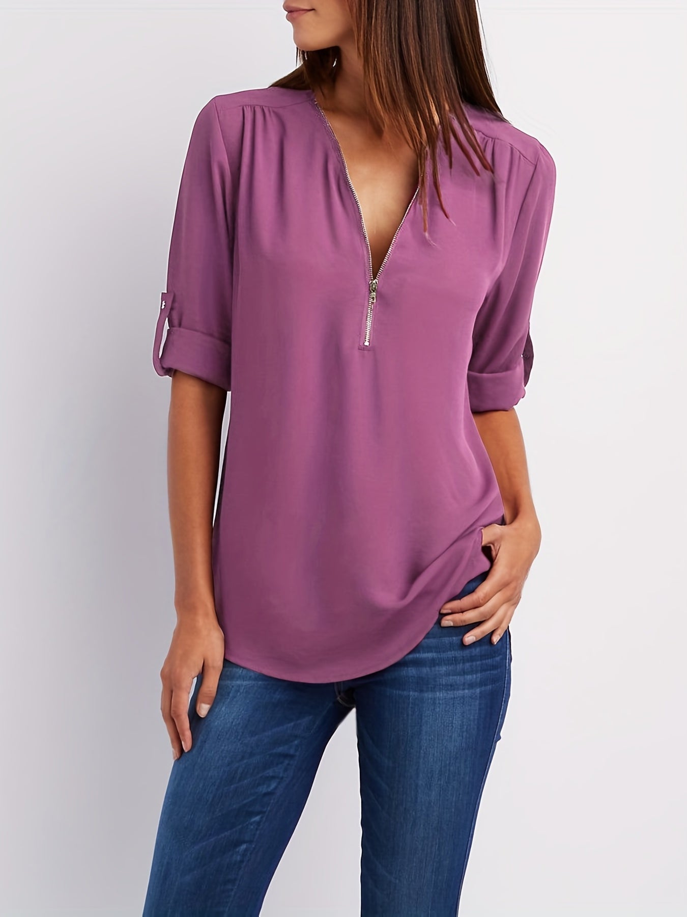 Veridiana | Damesblouse met V-hals en halve rits - Casual mouwen met gerimpelde mouwen, elegant en ademend