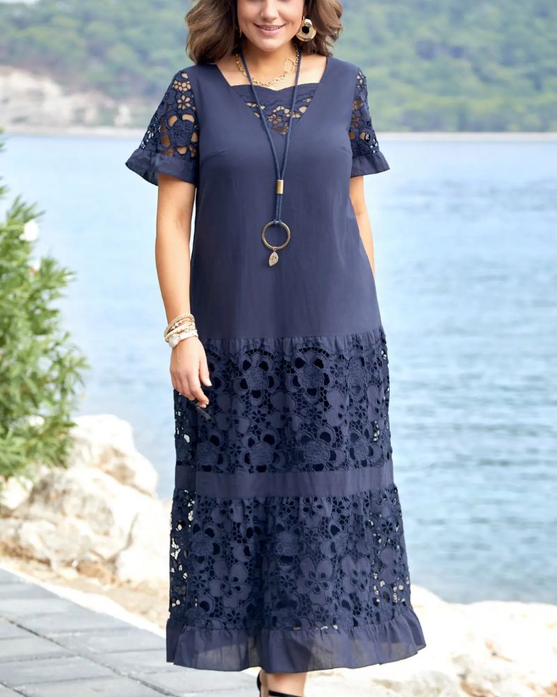 Wynessa | Elegante Geborduurde Maxi Jurk - Holle Kanten Korte Mouwen & Rok, Vloeiend & Chic