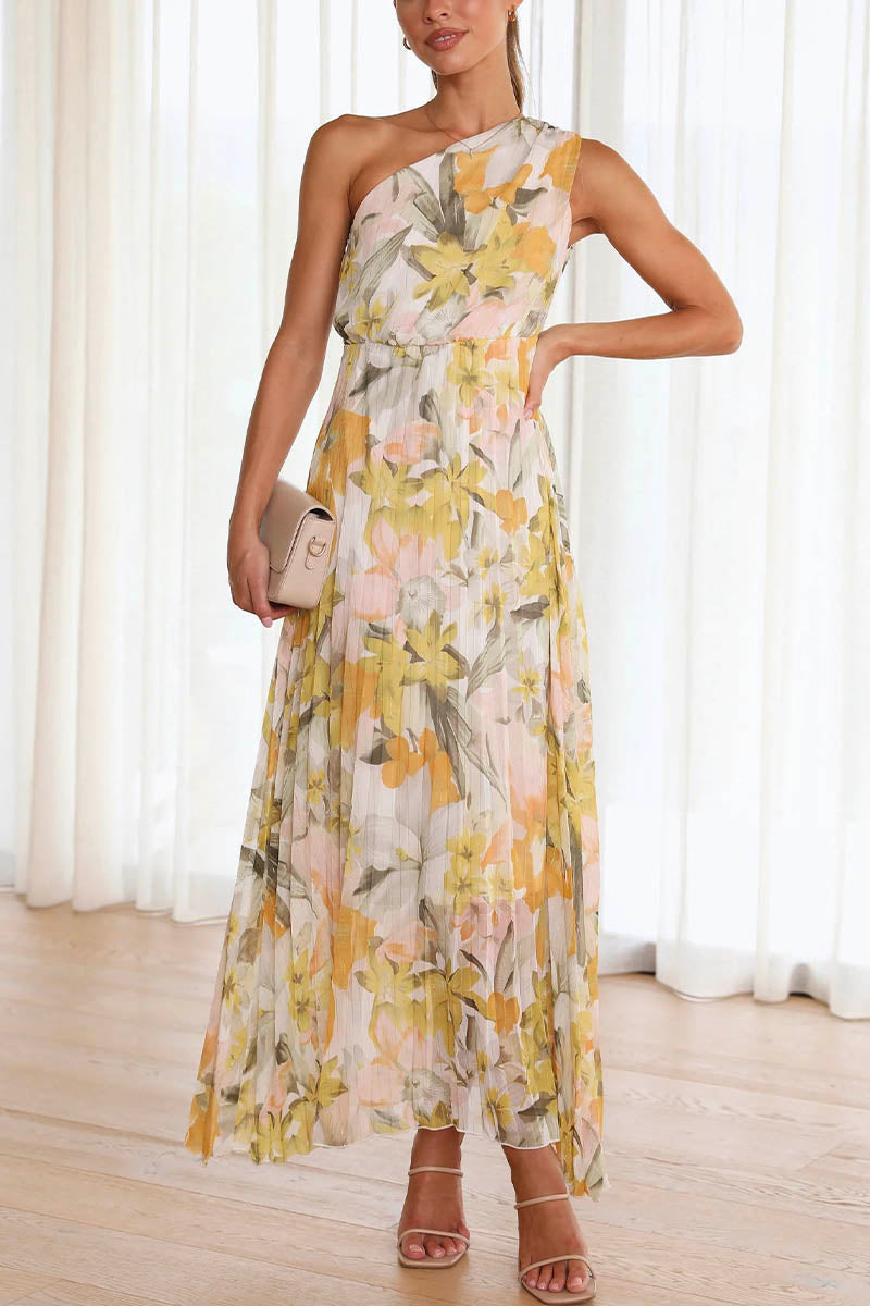 Primella | Mouwloze Bloemen Geplooide Maxi Jurk - Één-schouder Elegante Zomerjurk