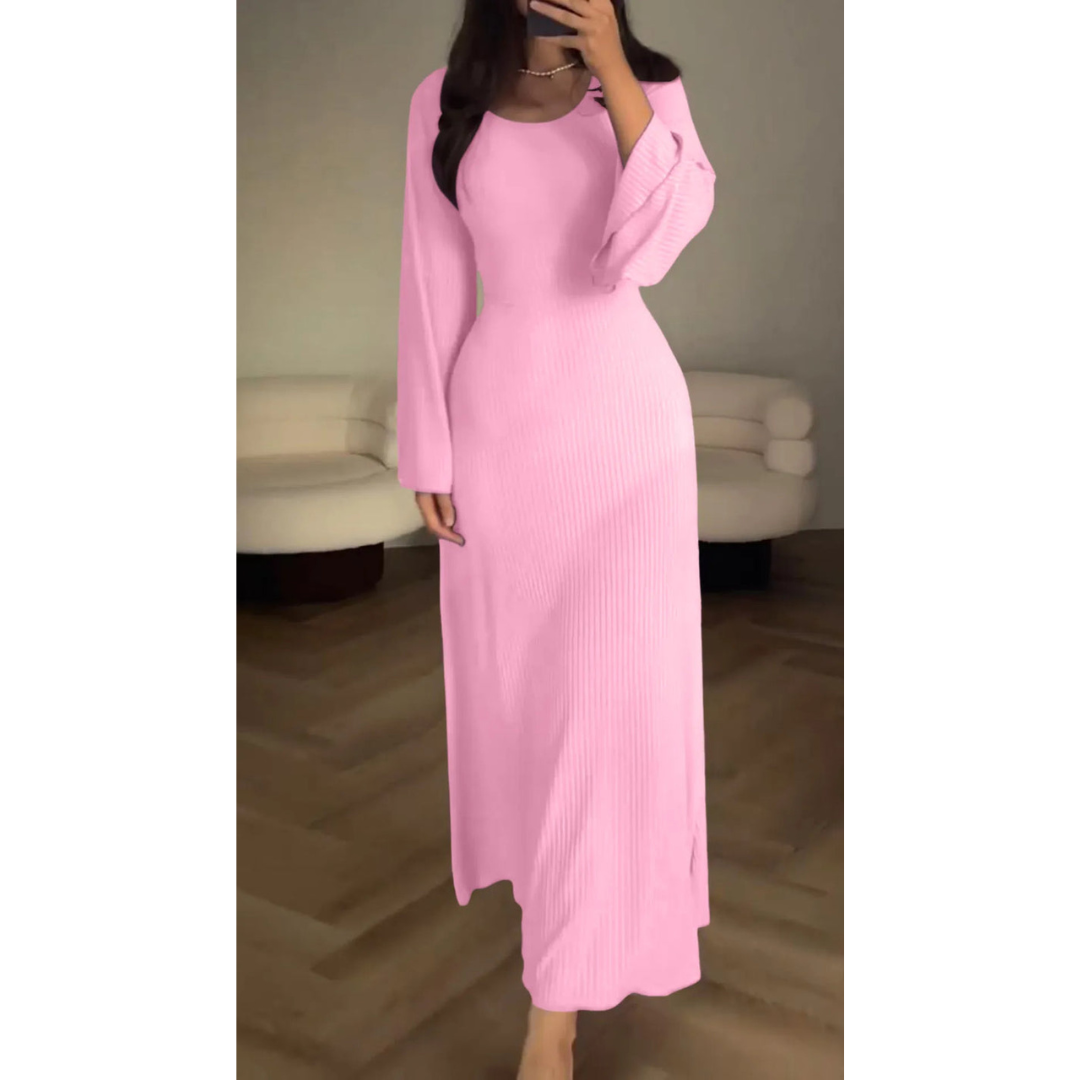 Selma | Geribde Maxi jurk met lange mouwen - Elegante, comfortabele jurk