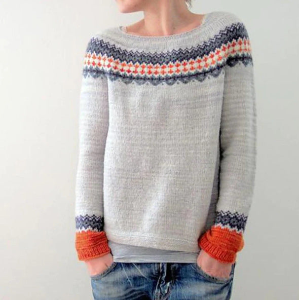 Terynna | Dames Retro Geometrisch Gebreide Trui - Lange Mouw Vintage Pullover