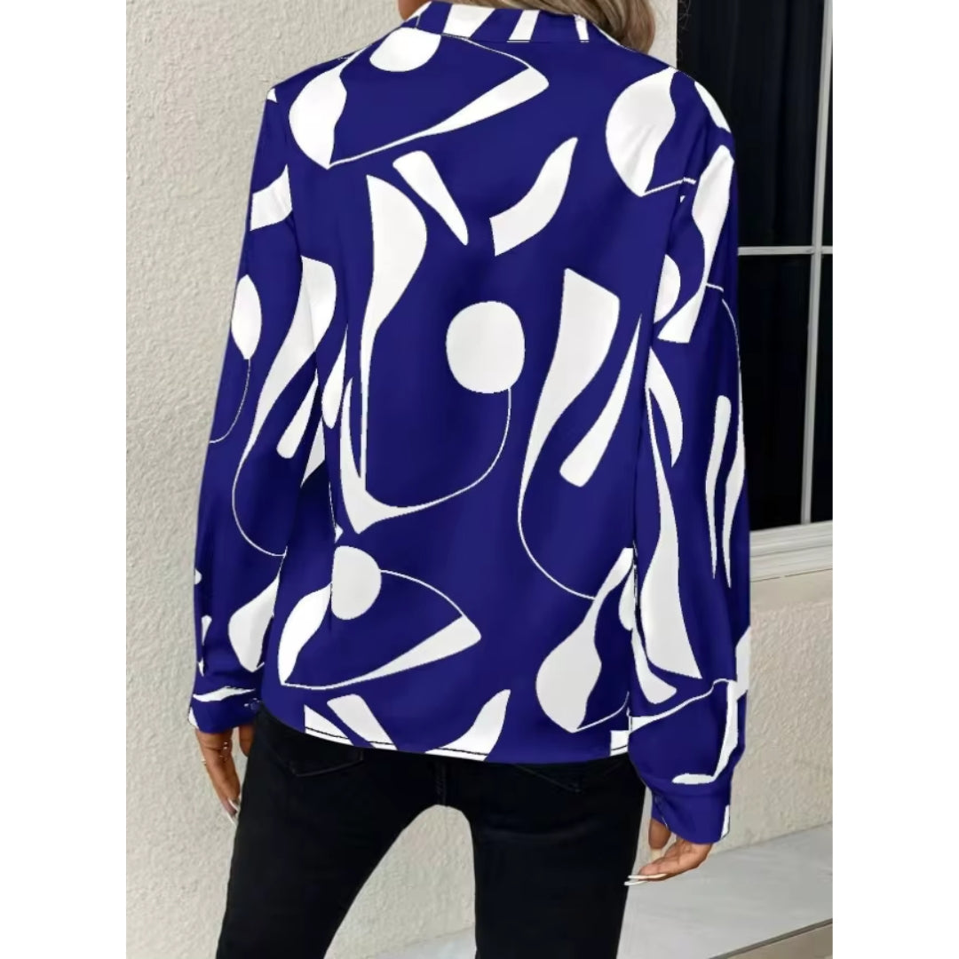 Fialith | Women's Geometric Abstract Print Long Sleeve V-Neck Blouse – Casual Loose-Fit Top