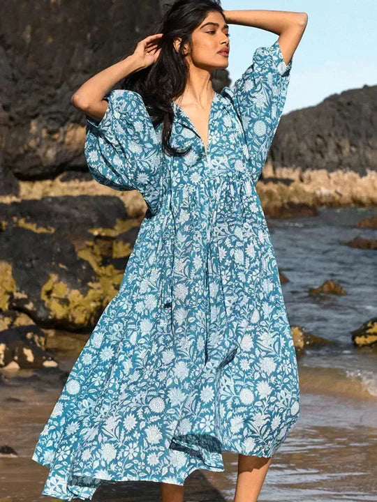 Taylen | Boho Babydoll Midi Jurk - Bloemenprint, Lichtgewicht Zomerstijl