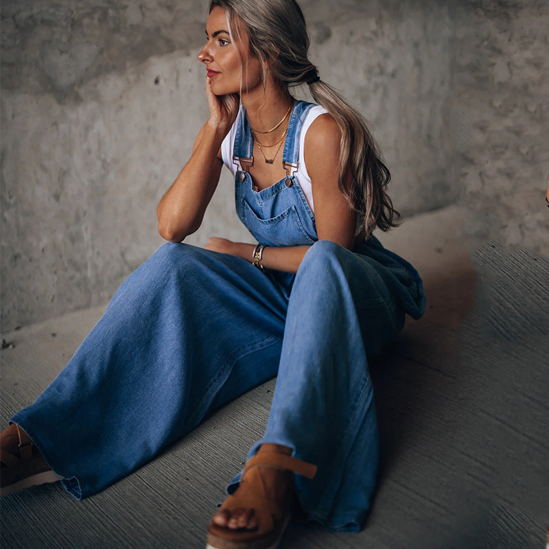 Bertille | Damesjungaree denim wijd uitgesneden mouwloze jumpsuit