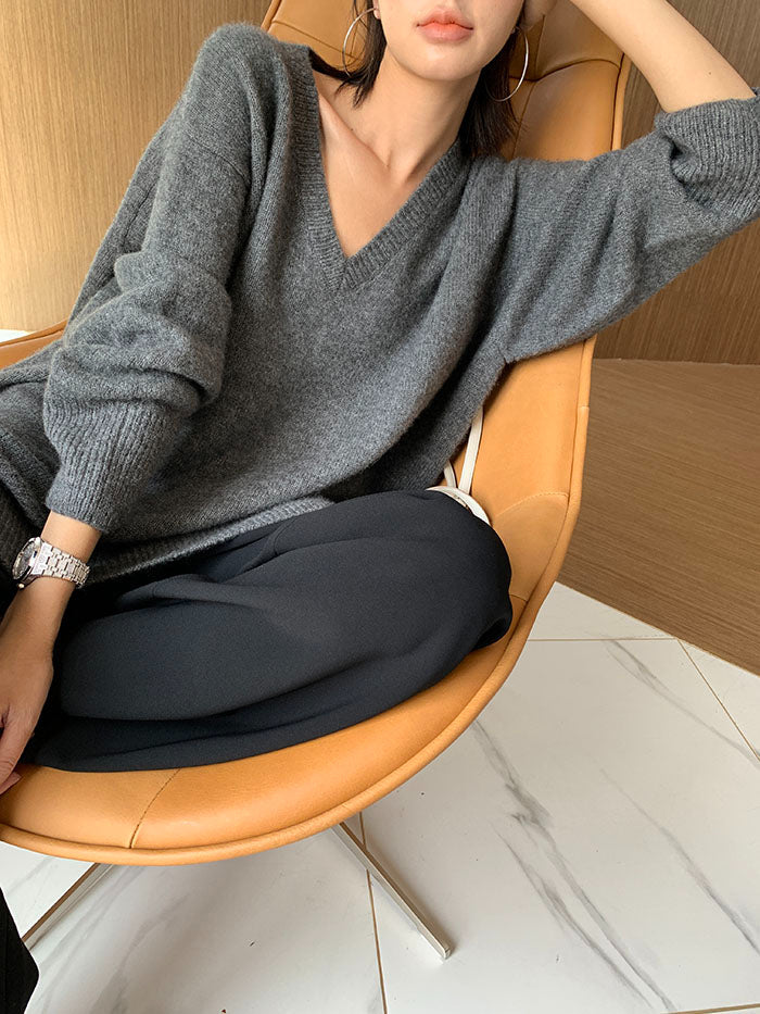 Inger | Klassieke gebreide V-hals trui voor dames – Losvallende pullover, warme kasjmiermix