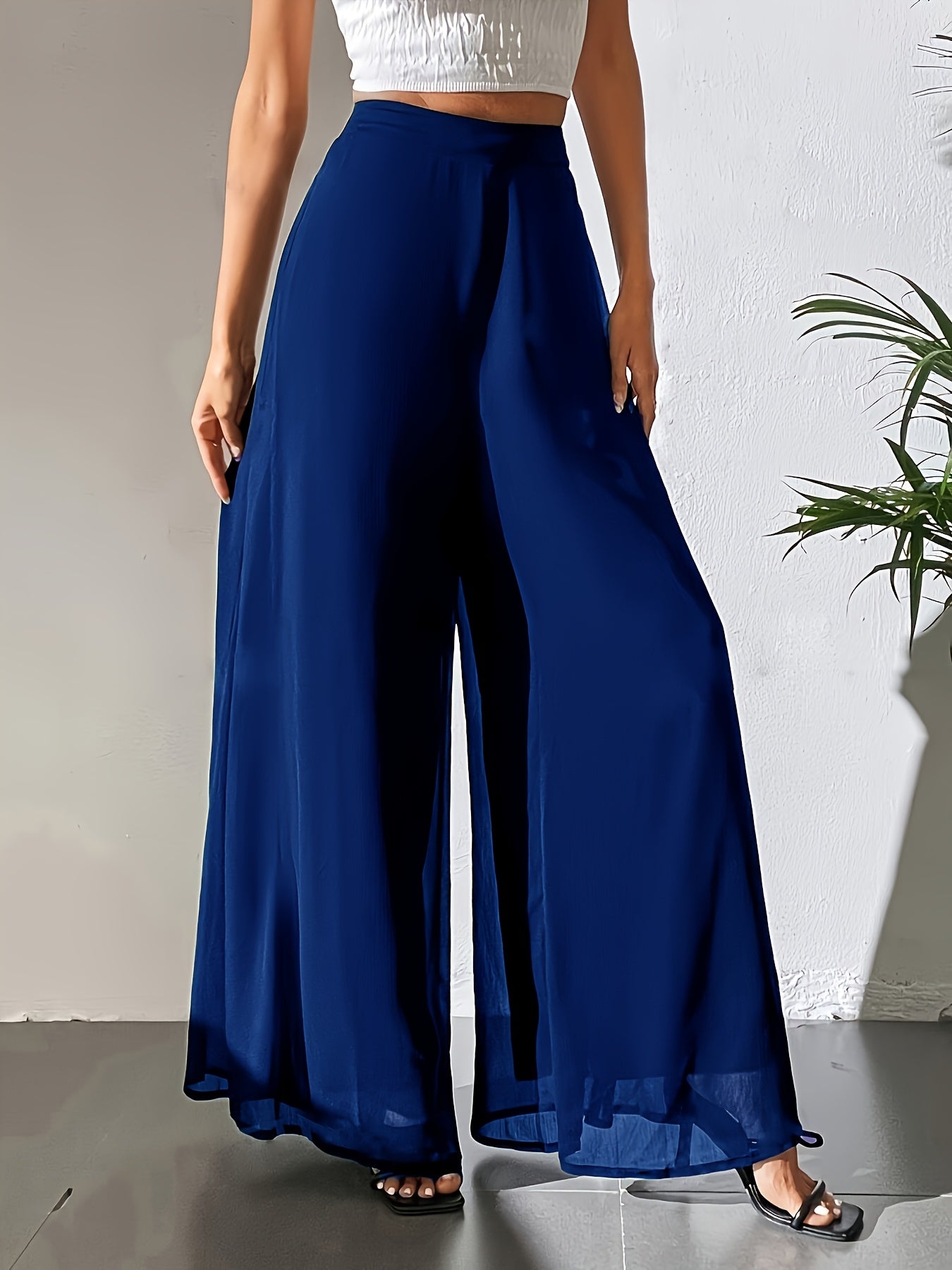 Maurelle | Hoge taille chiffon broek met wijde pijpen voor dames – Uitlopend, transparante mesh overlay