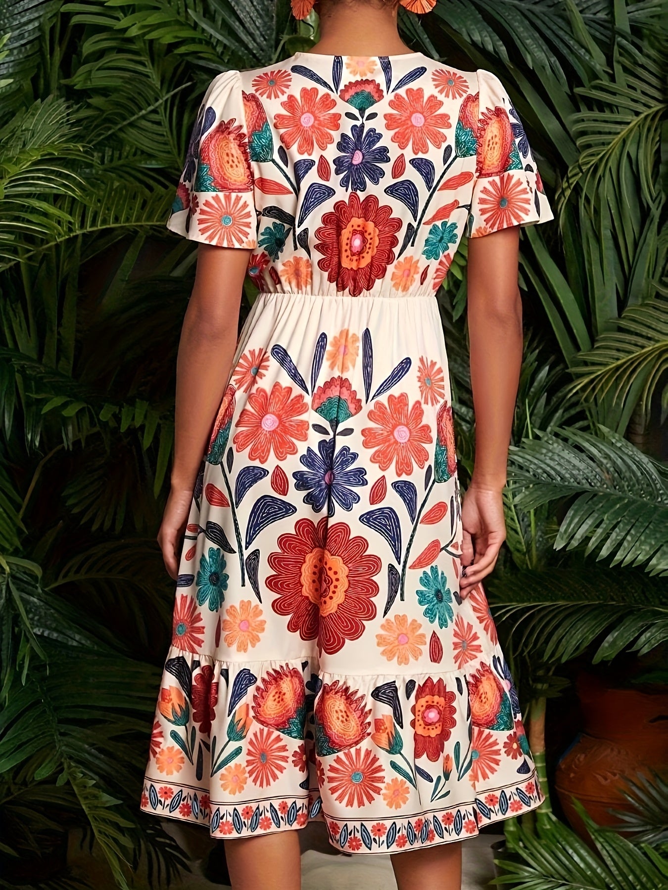 Lenka | Damesjurk met bloemenprint, V-hals, vlindermouwen, A-lijn en ruche onderaan