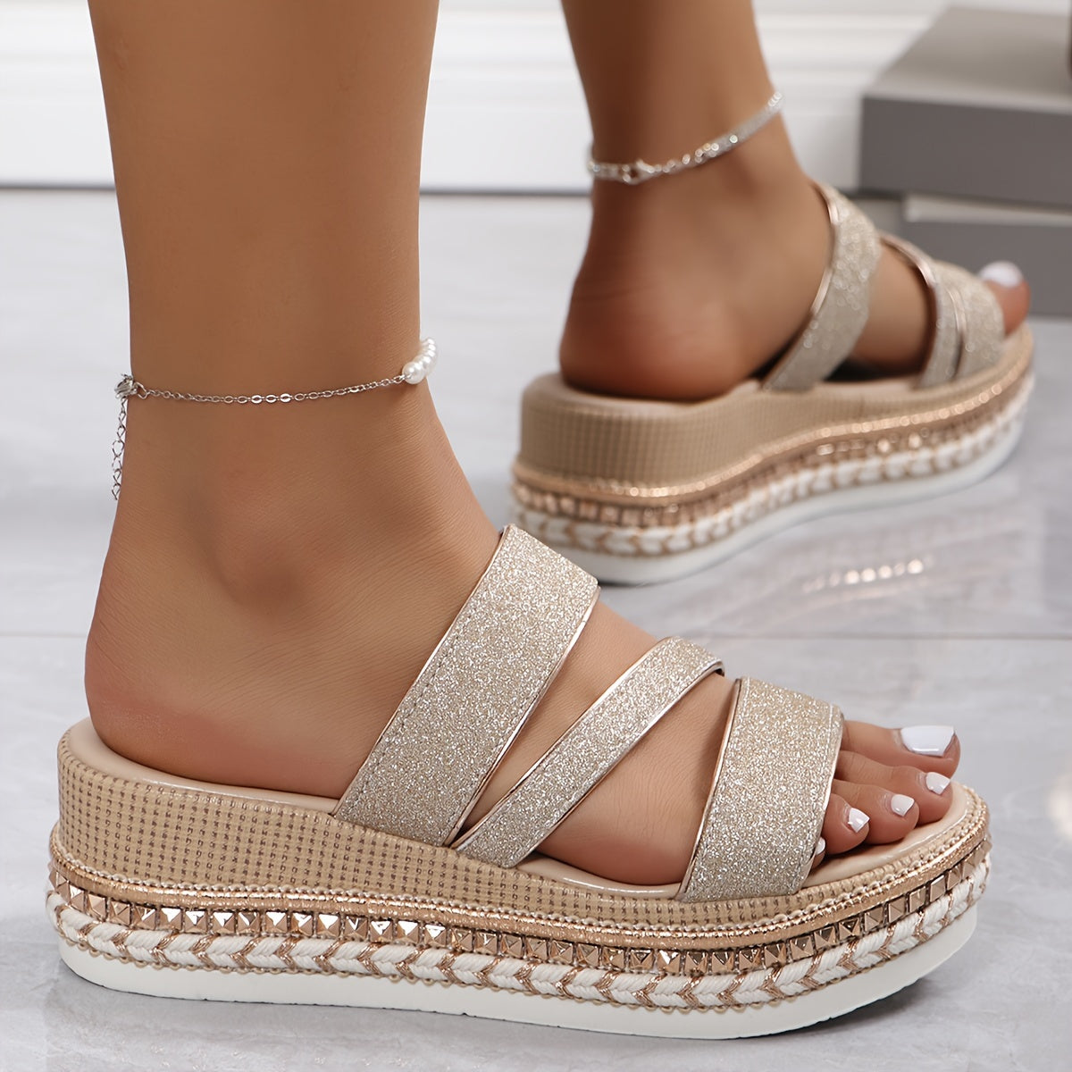 Shinelle | Dames Glitter Platform Slide Sandalen - Elegante Slip-On Wedge Schoenen