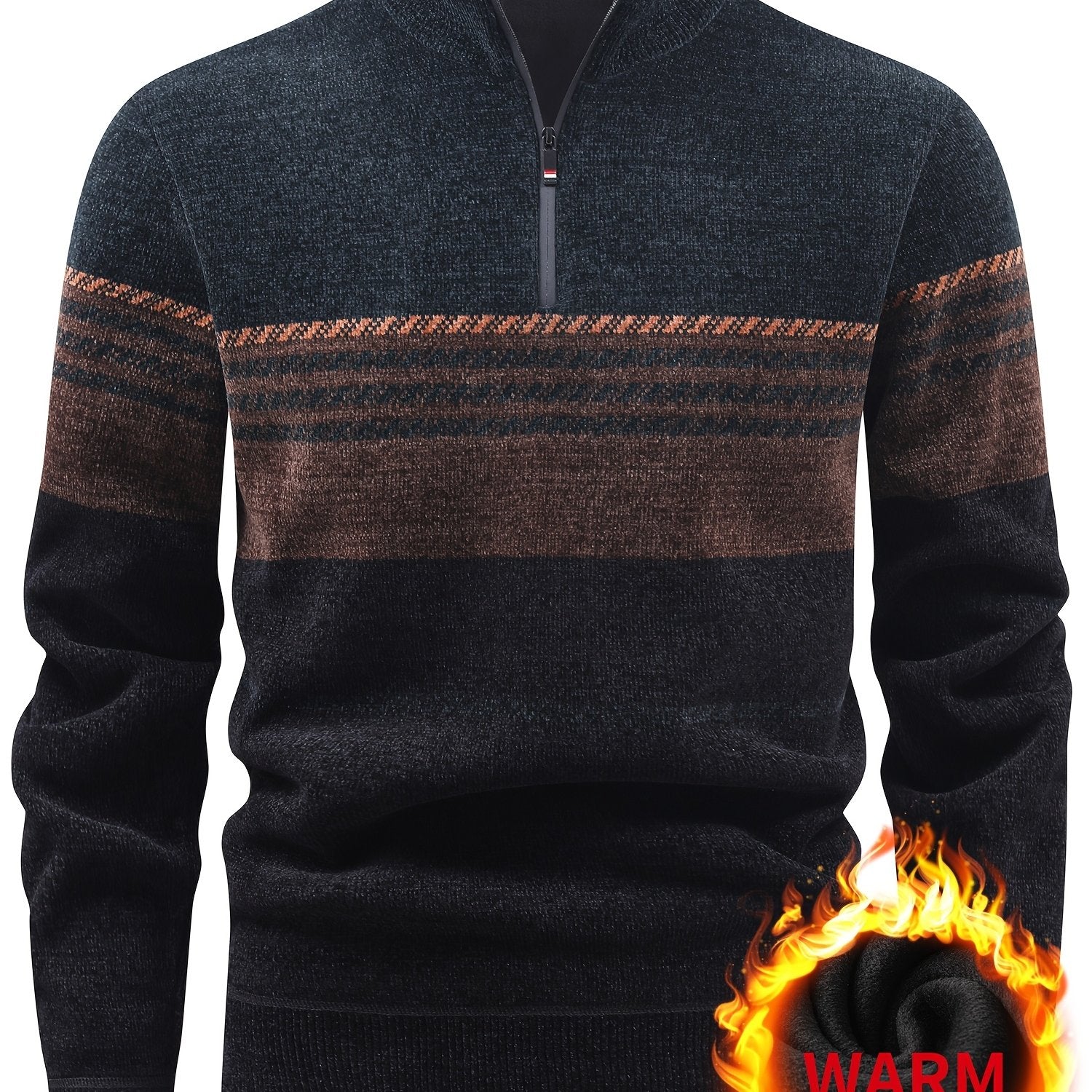 Valter | Heren sweater met fleecevoering en ritssluiting – Warme pullover met kleurblokken en strepen