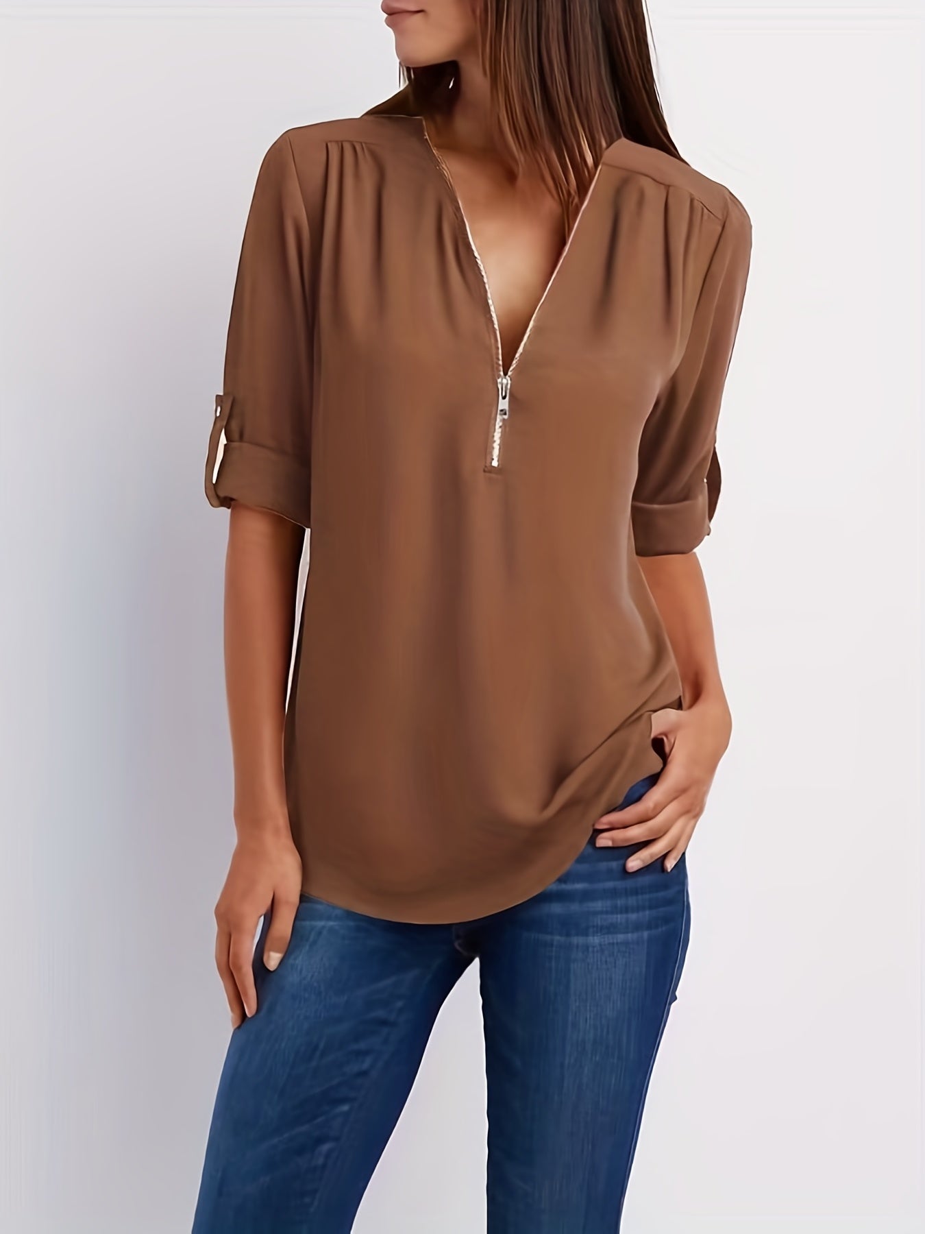 Veridiana | Damesblouse met V-hals en halve rits - Casual mouwen met gerimpelde mouwen, elegant en ademend