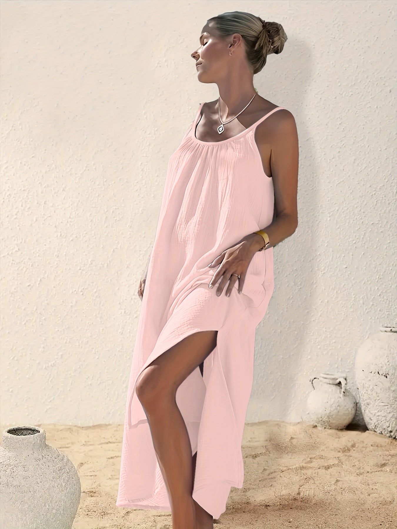 Aelira | Mouwloze Maxi jurk met ruches en split aan de zijkant - Vakantie Casual Zomerjurk