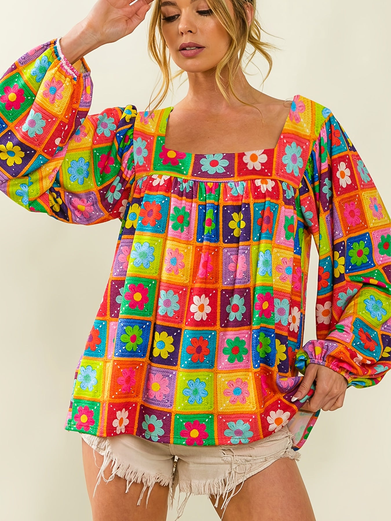 Raissa | Vrouwenbloemenblouse met vierkante hals - Lange mouwen, lantaarnmouwen, casual & elegant