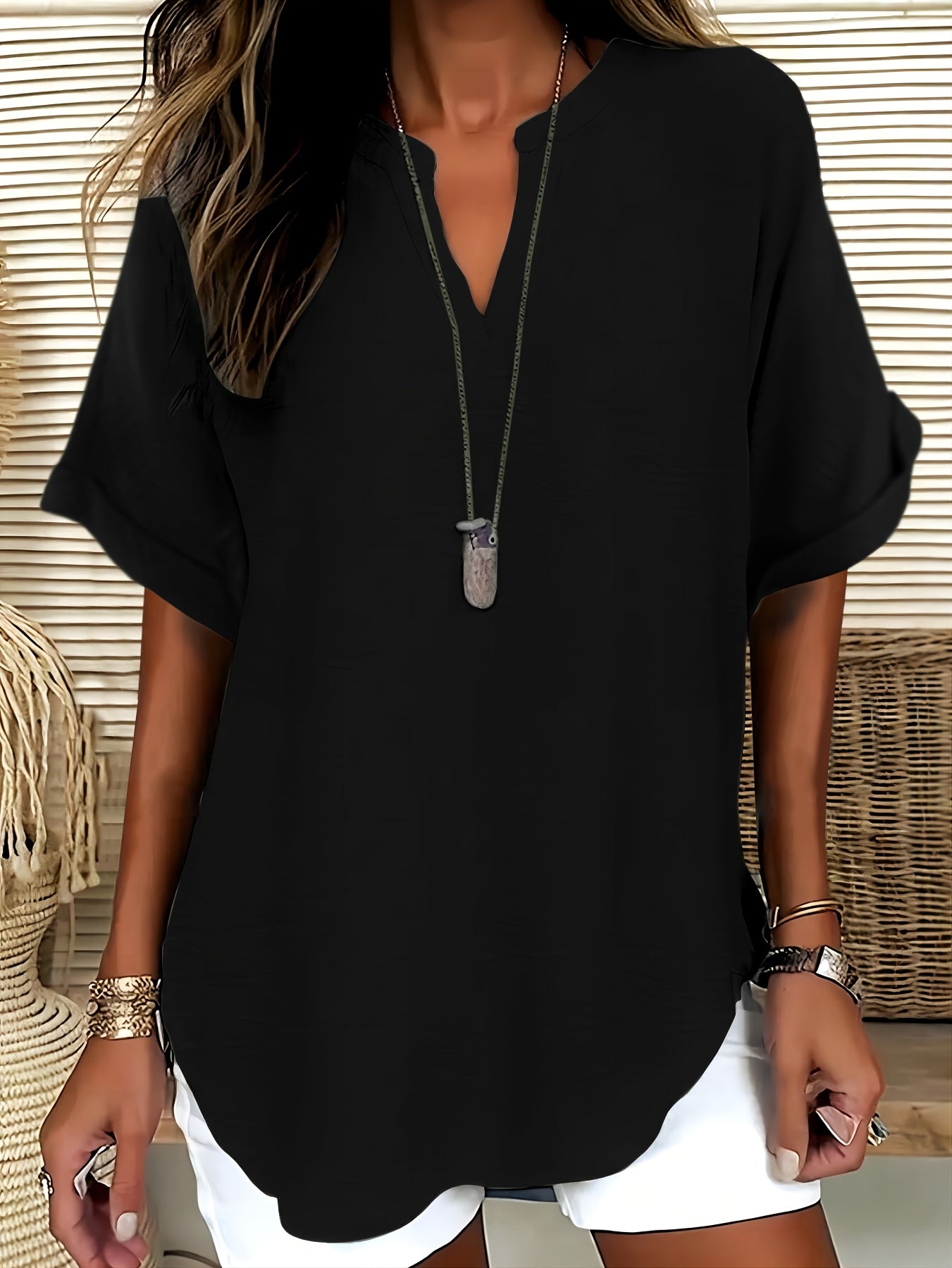 Elaria | Vrouwen V-Hals Blouse - Effen Kleur Losjes-Fit Korte Mouw Top