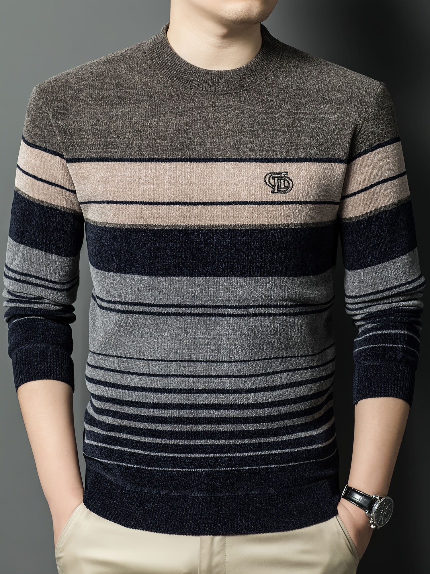 Dagursson | Thermische fleece gevoerde wintertrui voor heren – Warme gestreepte gebreide pullover