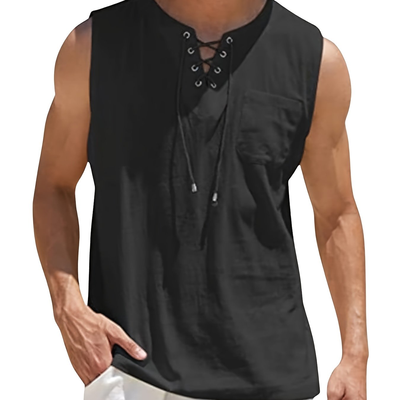Morten | Katoenen linnen mouwloze V-hals tanktop voor heren - lichtgewicht zomershirt