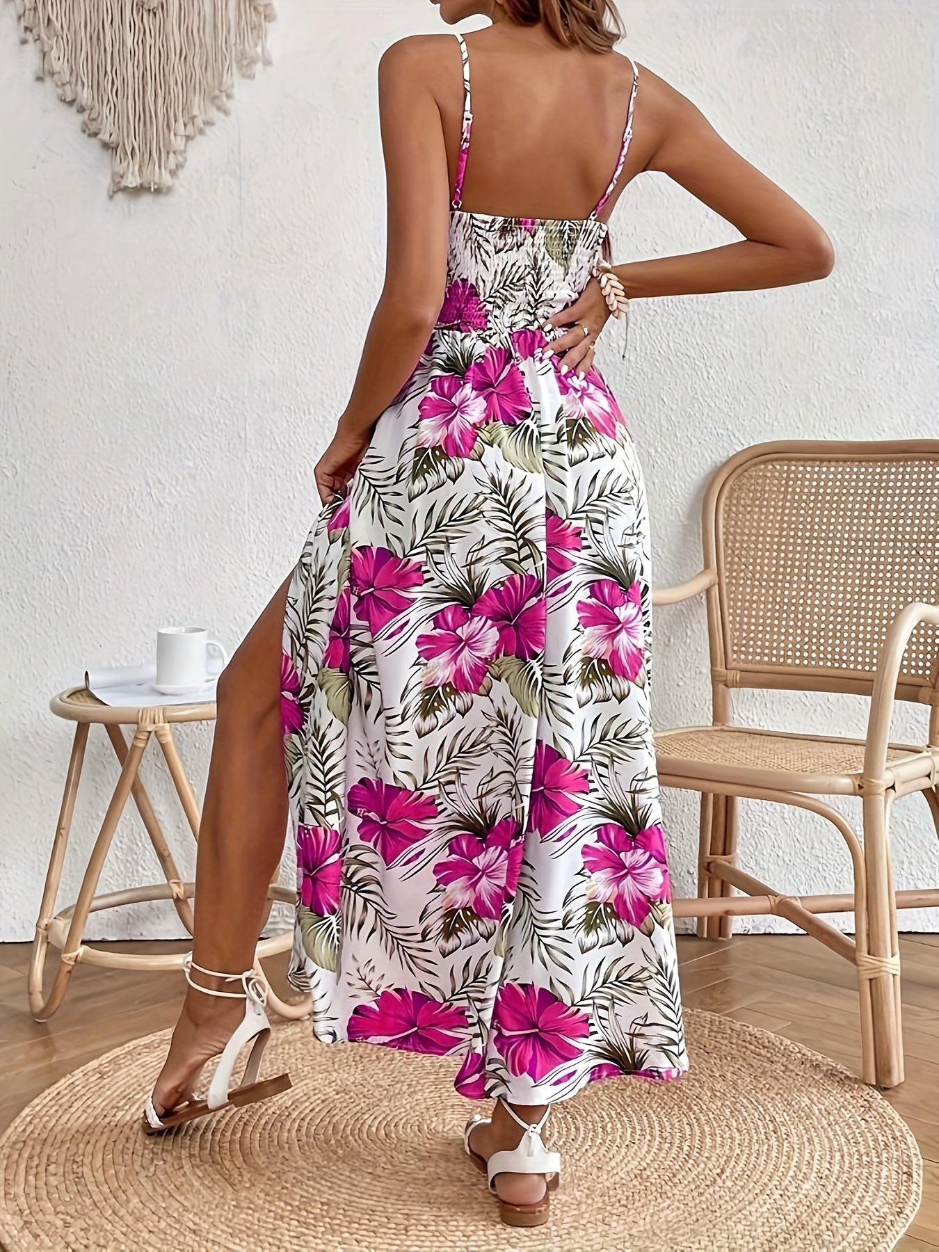 Helma | Spaghettibandjurk met bloemenprint - Elegante Splitjurk zonder mouwen voor vrouwen