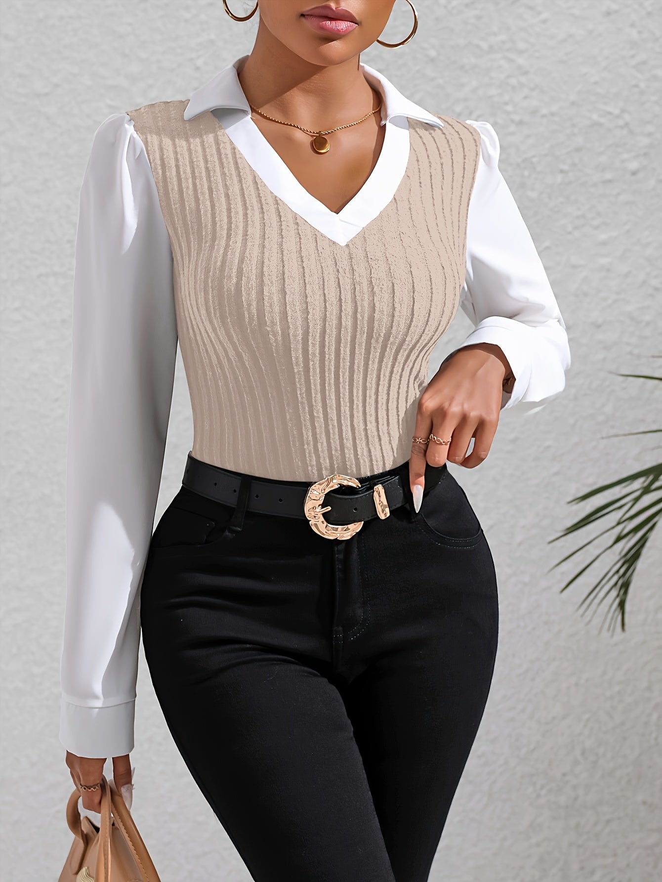Rusalka  | Vrouwen Kleurblok Faux Twinset Kapel Blouse - Casual Lange Mouw Top