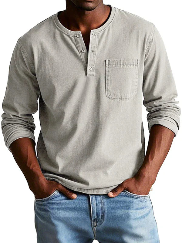 Bronic | Heren Vintage shirt met lange mouwen - Ronde hals, halve knoopsluiting, gewassen casual shirt