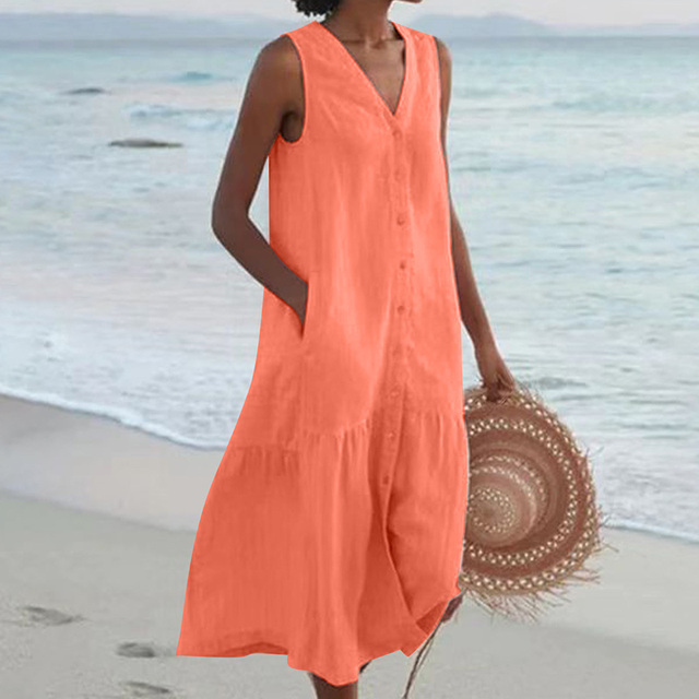 Oressa | Mouwloze Linnen Midi Jurk - Ademende, Button-Down, Lichtgewicht, Comfortabel & Luchtig Jurk
