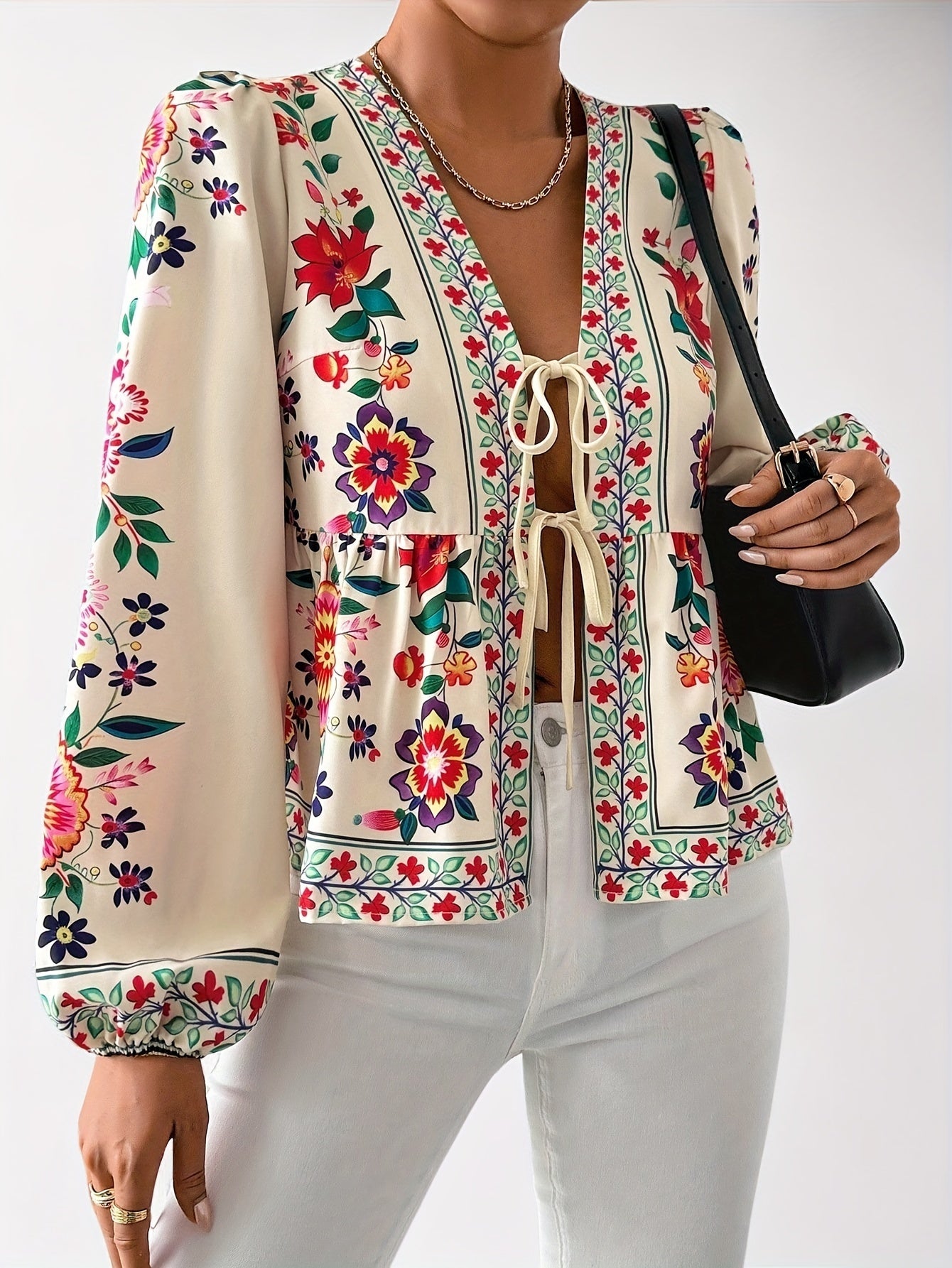 Aletha | Elegante Bloemenprint Blouse voor Dames – Lange Pofmouwen, Striksluiting, V-Hals