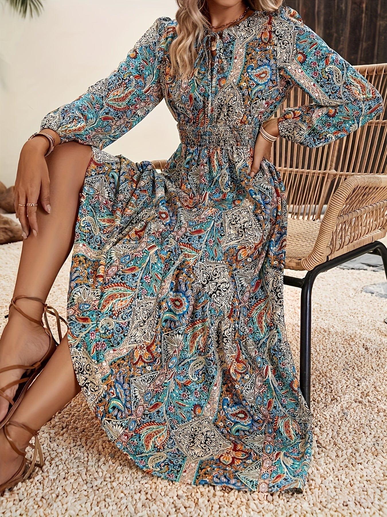 Rosmira | Boho Paisley Print Maxi Jurk - Elegante enkellange jurk