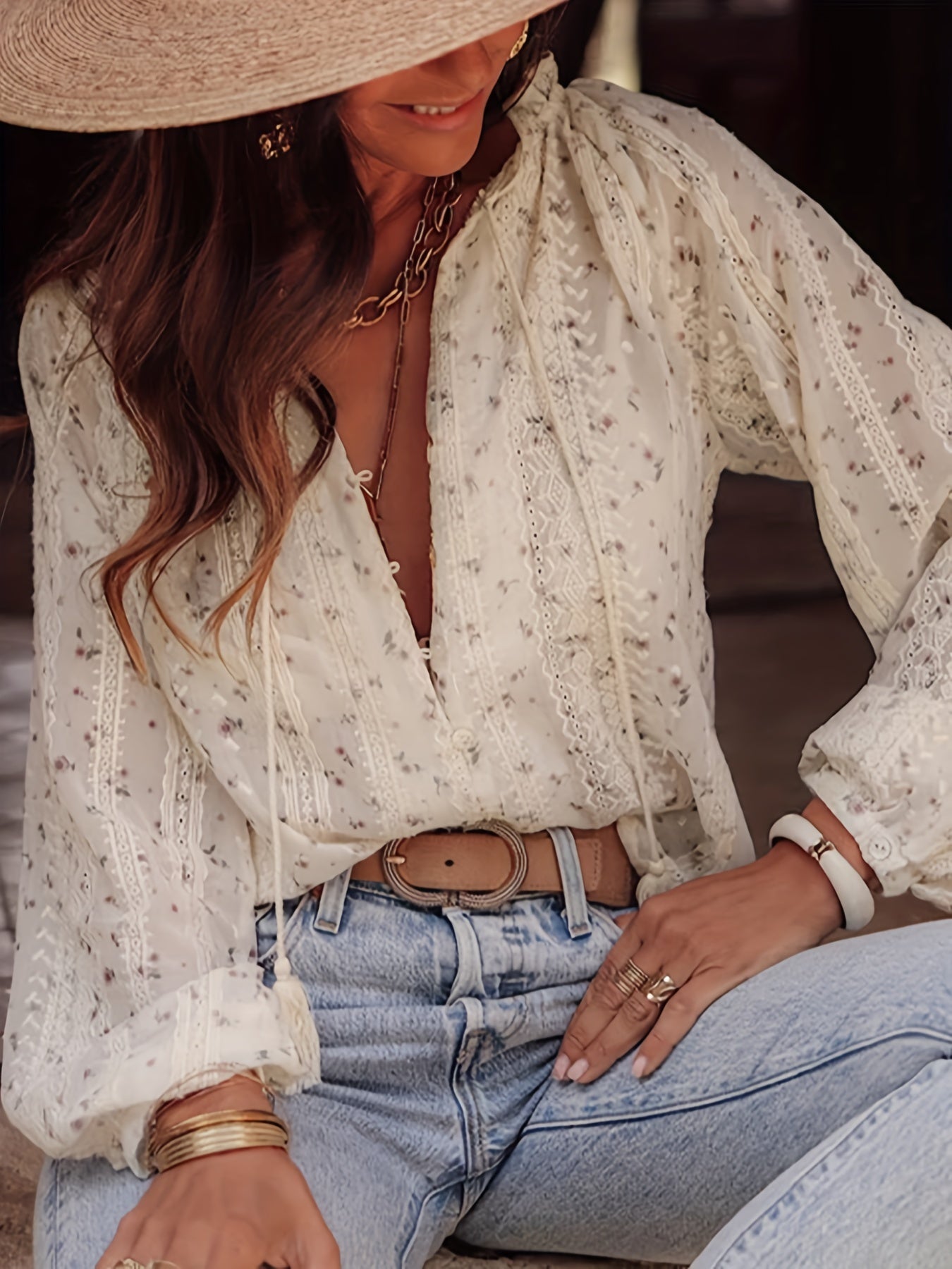 Wina | Dameshemd met bloemenprint en V-hals, lange mouwen - Casual elegante boho blouse