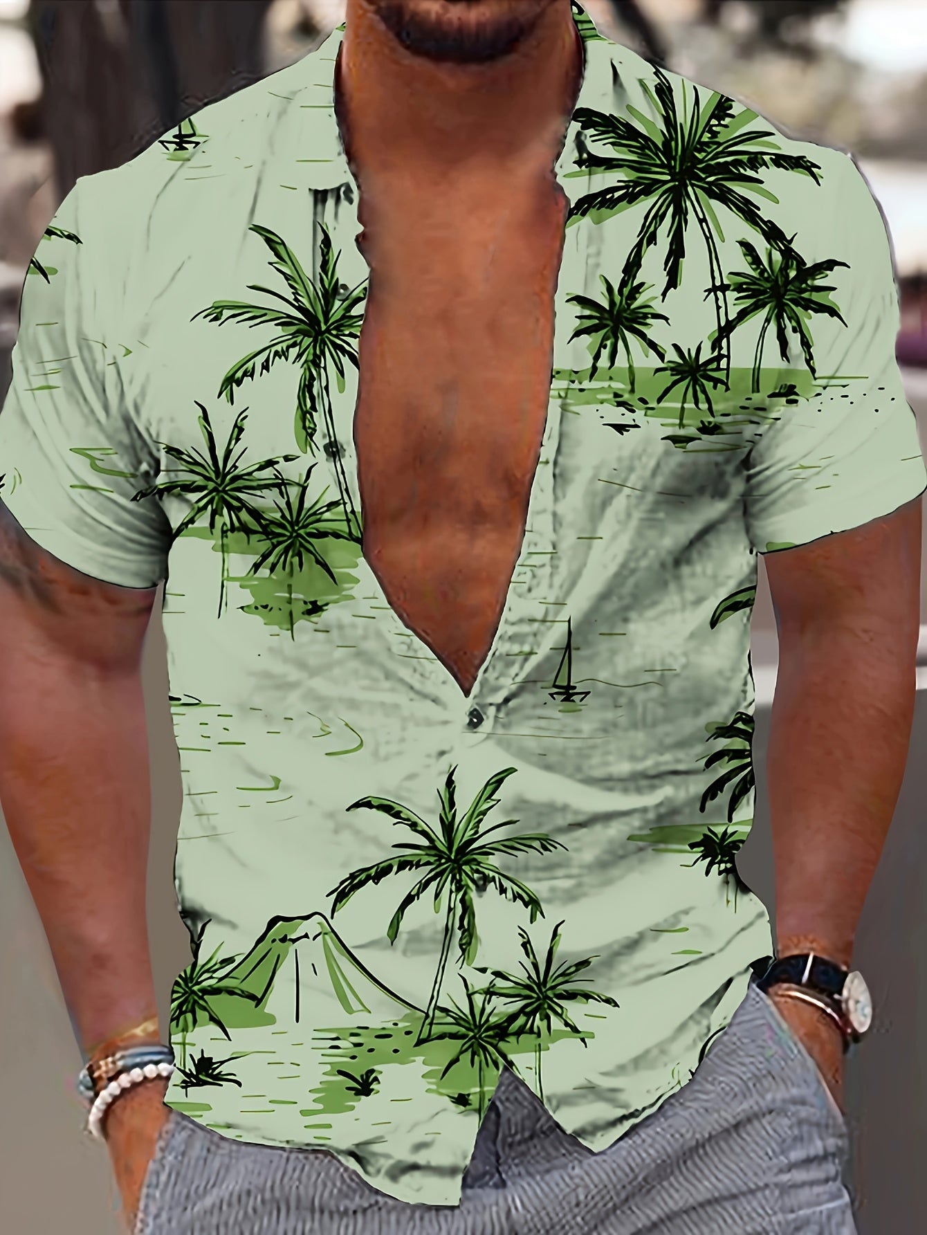 Kurt | Heren Hawaii Overhemd - Kokosnoot Boom Print, Korte Mouw, Casual Zomer Overhemd