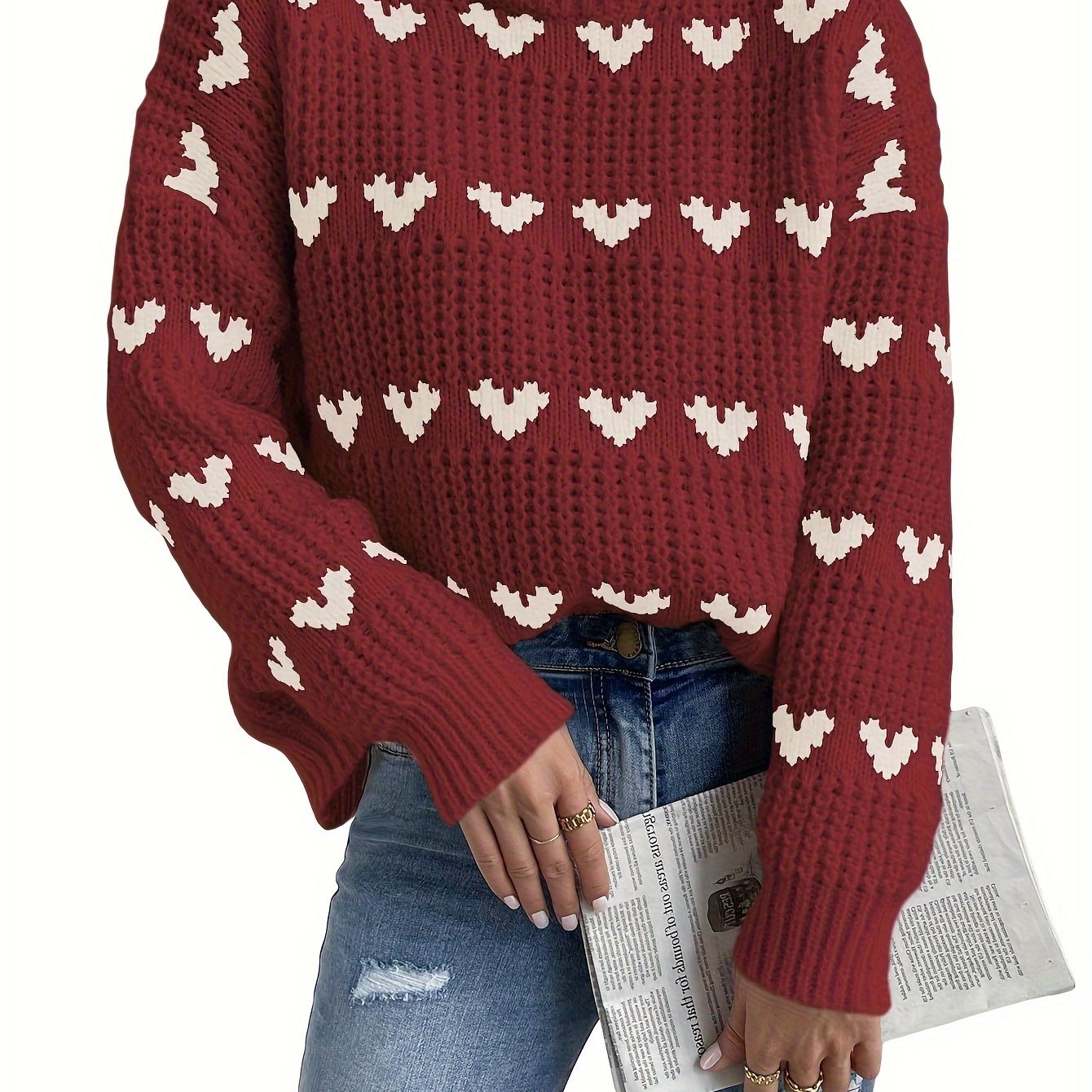 Irindra | Gebreide trui met hartpatroon - Hoge hals, Pullover met lange mouwen voor herfst-winter casual kleding