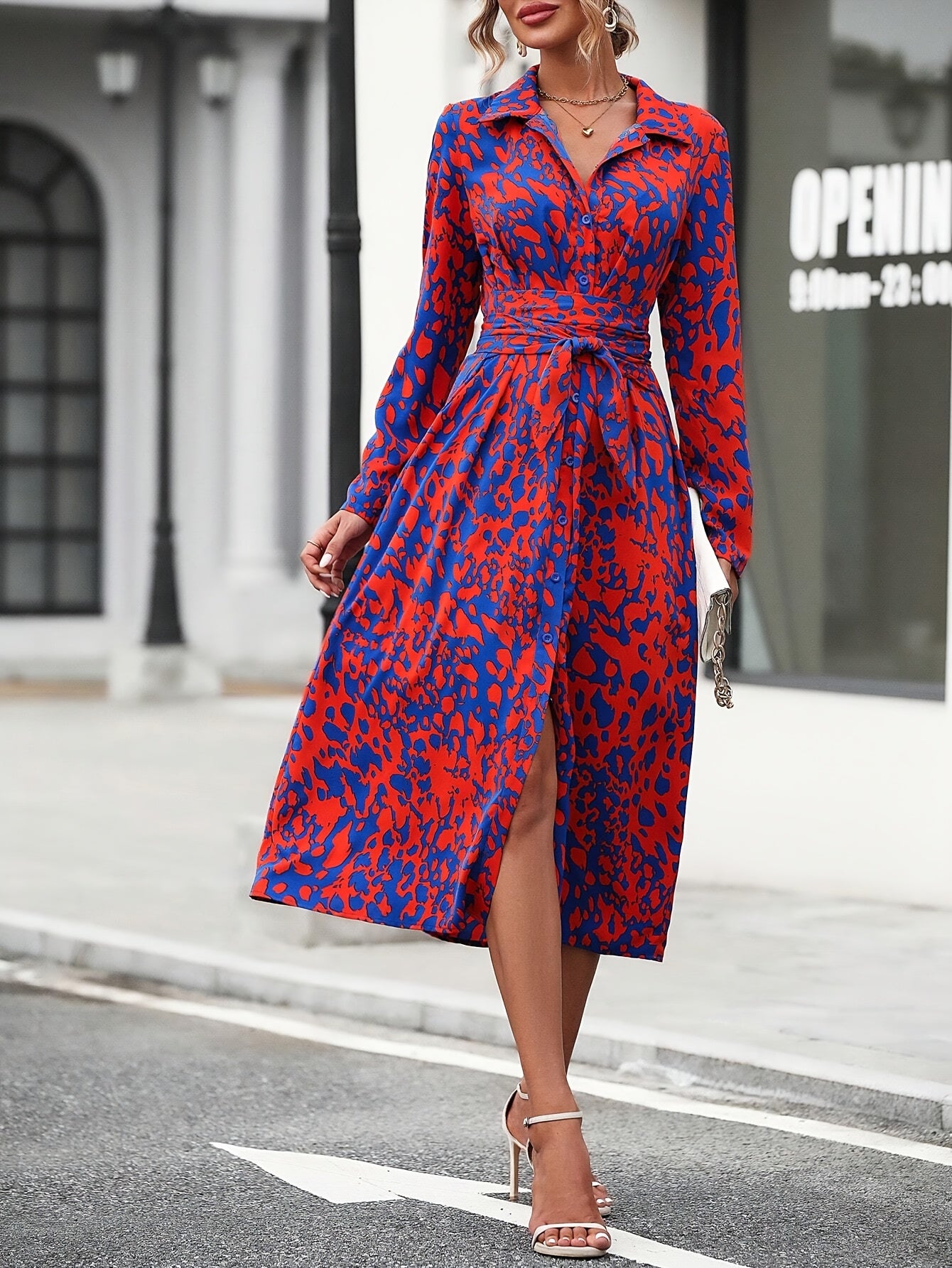 Solvita | Elegante overhemdjurk met geometrische print - Midi tuniek met tailleband