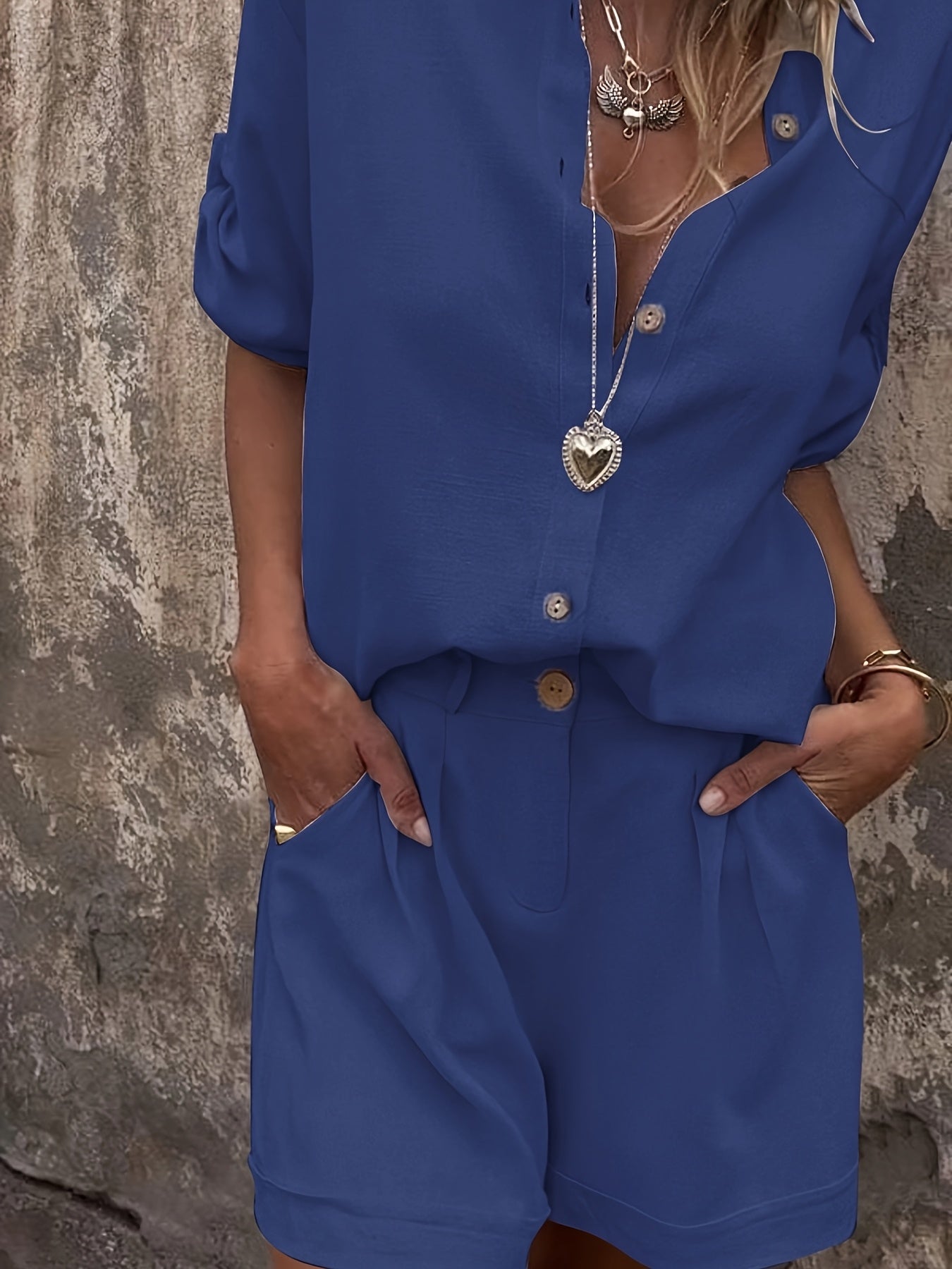 Elasha | Linnen tweedelige set voor dames - oversized overhemd met knoopsluiting & shorts