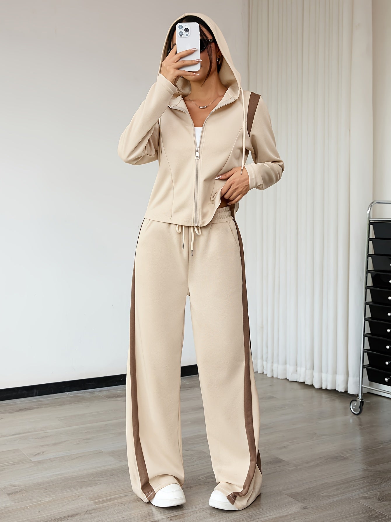 Sylvire | Herfstset voor dames – Ademend hoodiejasje en rechte broek, casual outfit met capuchon en trekkoord