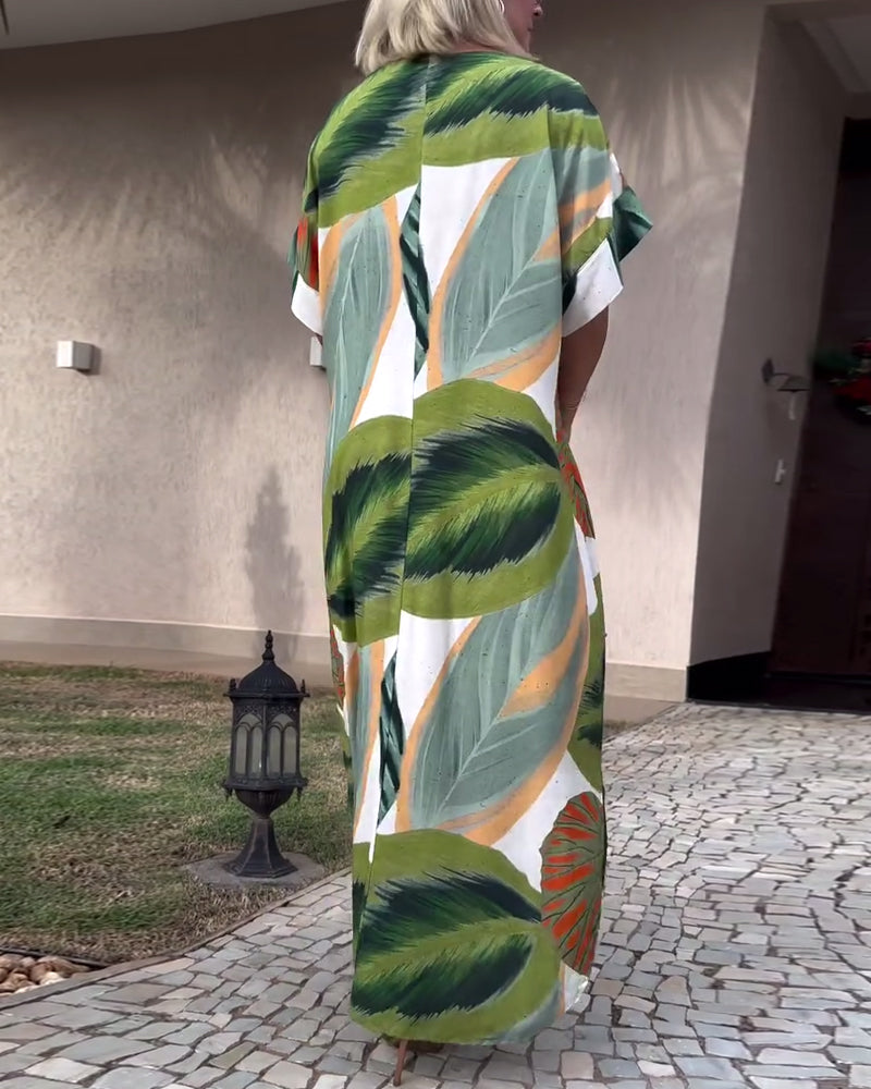 Ursa | Maxi jurk met botanische print - Casual korte mouwen, lichtgewicht zomerjurk
