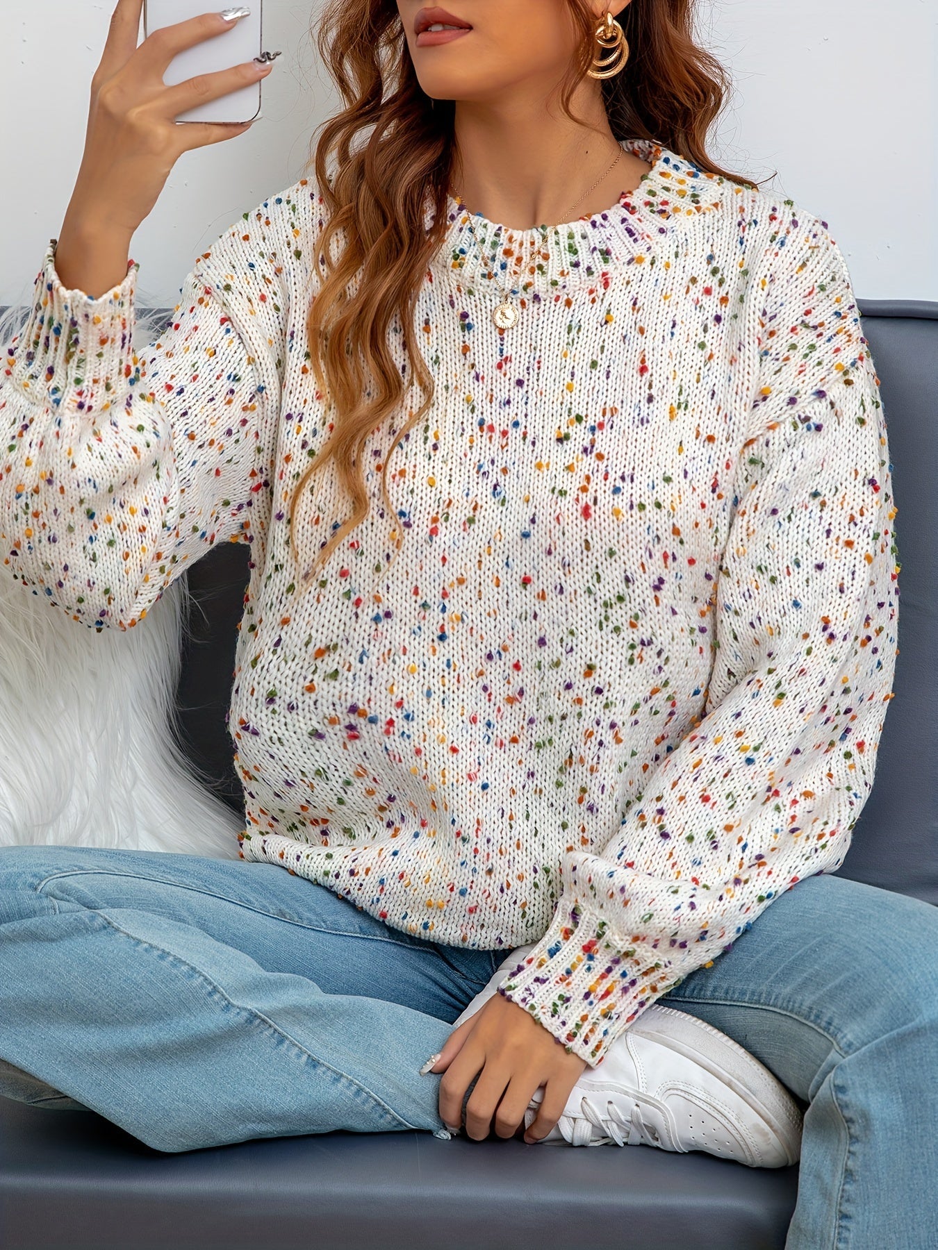 Noryssa | Minimalistische gebreide trui met confetti-print, ronde hals - Knusse Herfst Winter Trui voor vrouwen