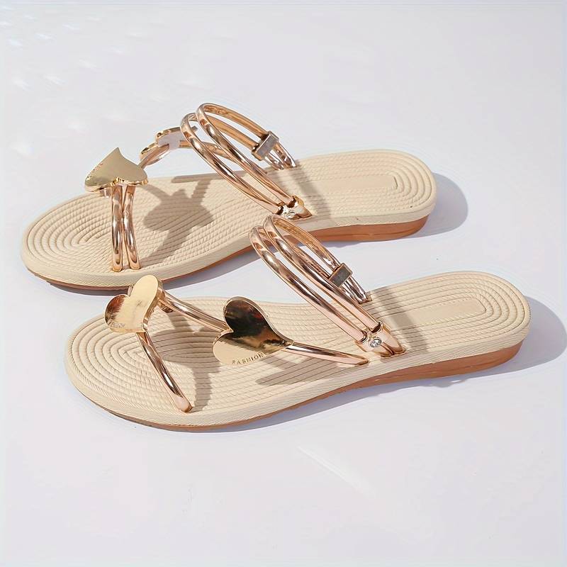 Lovique | Platte metallic sandalen voor dames - Elegant open teen hart ontwerp
