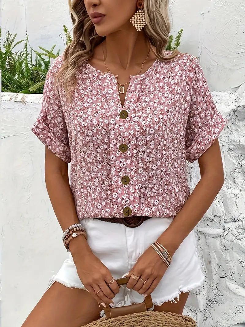 Lucrezia | Dameshemd met bloemenprint en korte mouwen - Stijlvolle top