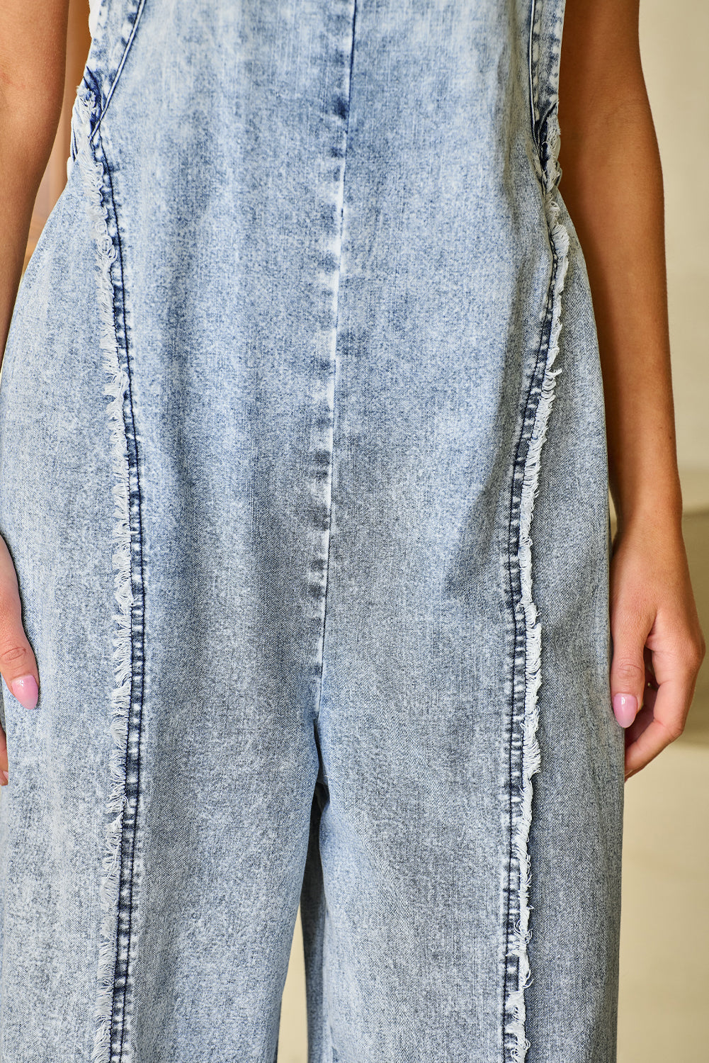 Maeryn | Mouwloze Denim Overall met wijde pijpen - Gerafelde zoom, open naden, casual jumpsuit