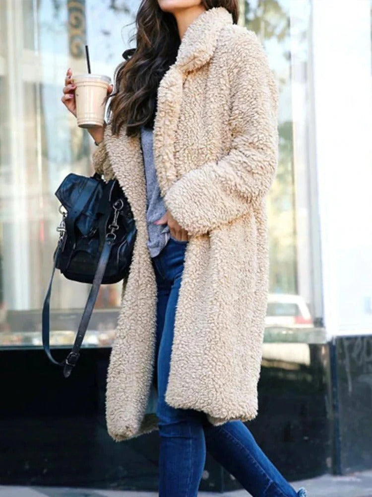 Yvonna | Lange oversized teddyjas – Winterwarme jas met reverskraag, zachte pluche bovenkleding