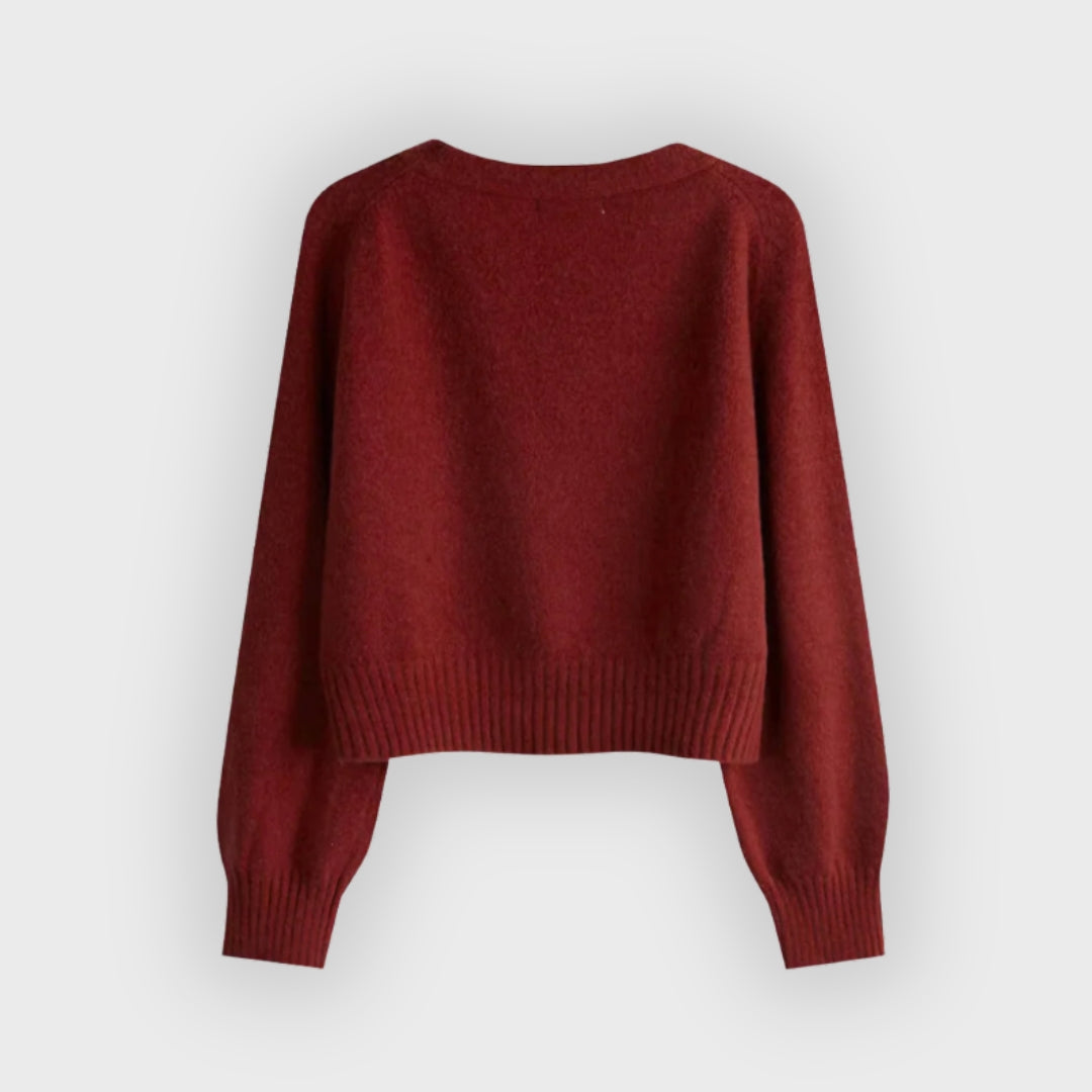 Iverra | Damesvest van merinowol – Gebreide trui met V-hals en schuine knopen