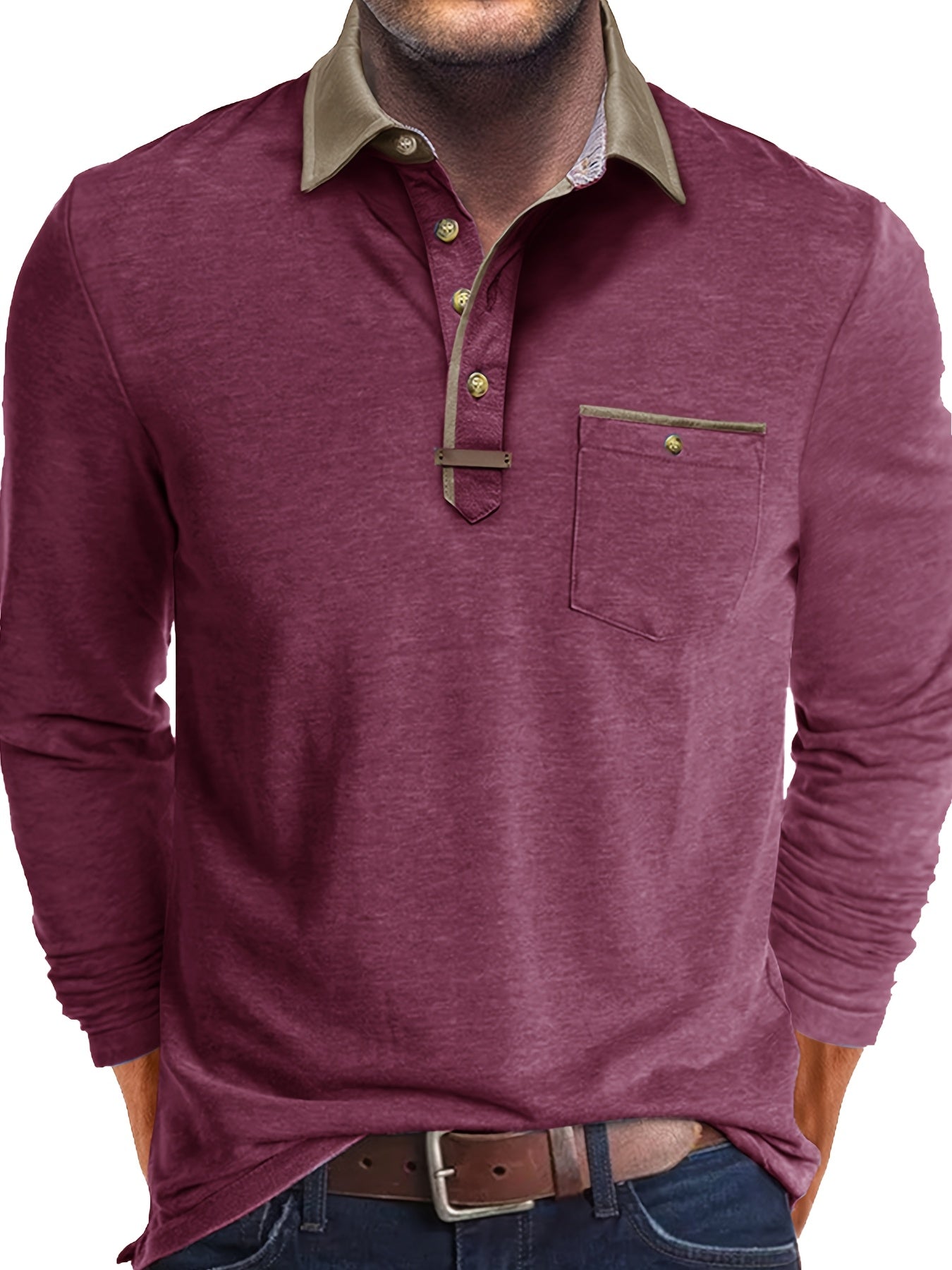 Paulo | Herenpolo met lange mouwen – Casual Henley met kleurblok kraag en borstzak