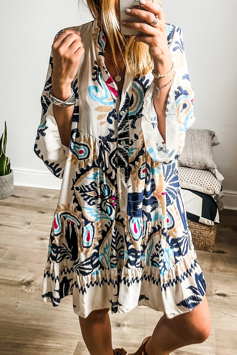 Ravienna | Mini-jurk met Tribalprint voor dames - Button-Up, Armbandmouw, Boho Chic